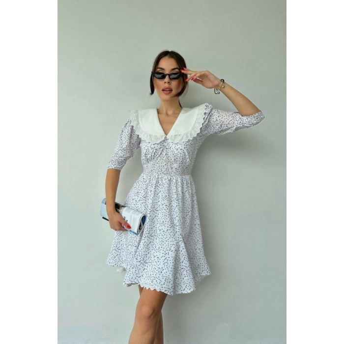 Beyaz Puantiyeli Önlük Yaka Elbise