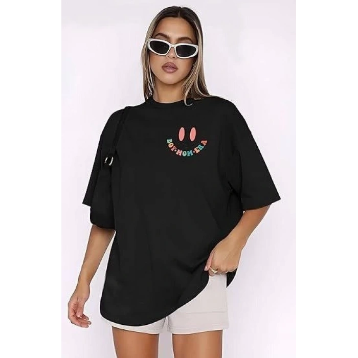 Bisiklet Yaka Kısa Kol Baskılı T-shirt - Siyah