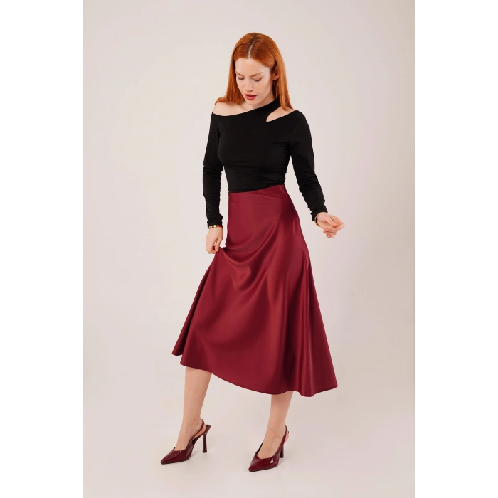 Çan Kesim Midi Bordo Saten Etek