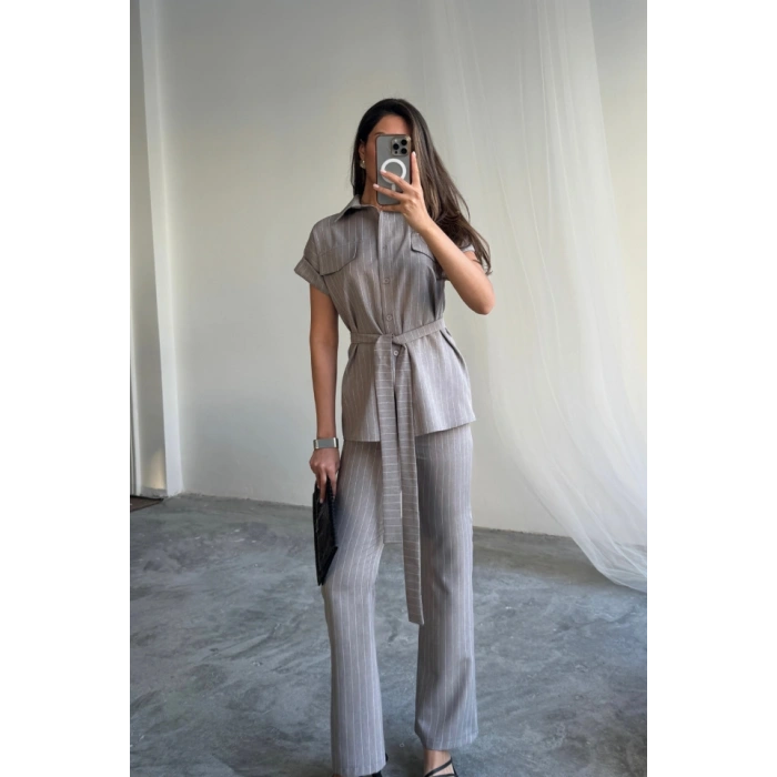 ÇİZGİLİ POLYVİSKON BLUZ - PANTOLON TAKIM - Gri