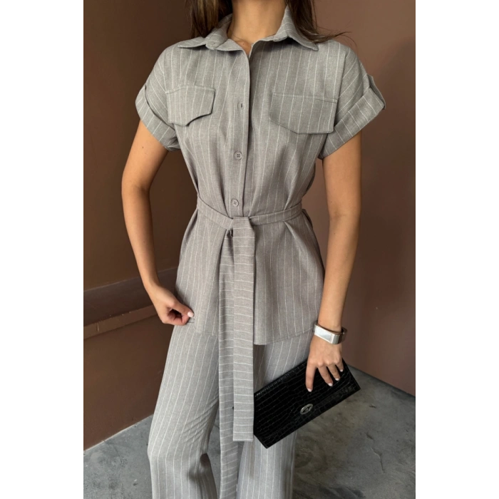 ÇİZGİLİ POLYVİSKON BLUZ - PANTOLON TAKIM - Gri