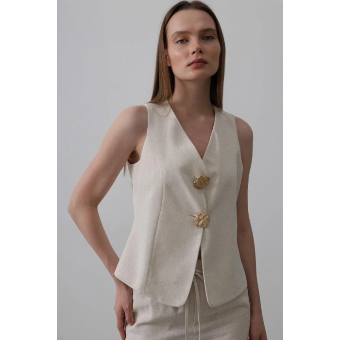 Düğme Detaylı Yelek - Krem