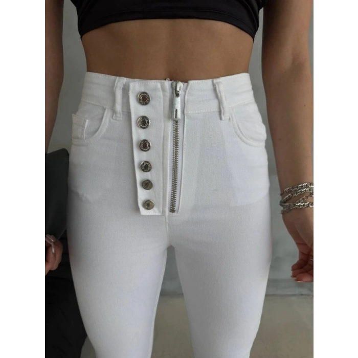 DÜĞME VE FERMUARLI KOT PANTOLON - Beyaz