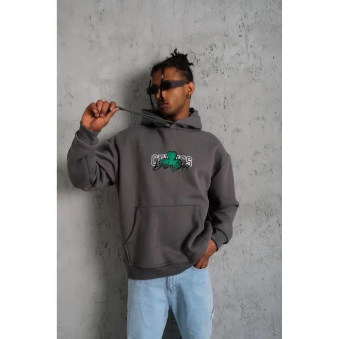 Erkek Baskılı Kapüşonlu Ve Kordon İpli Sweat - Gri