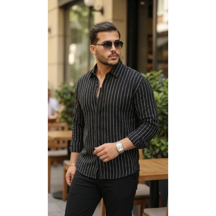 Erkek Çizgili Keten Gömlek
