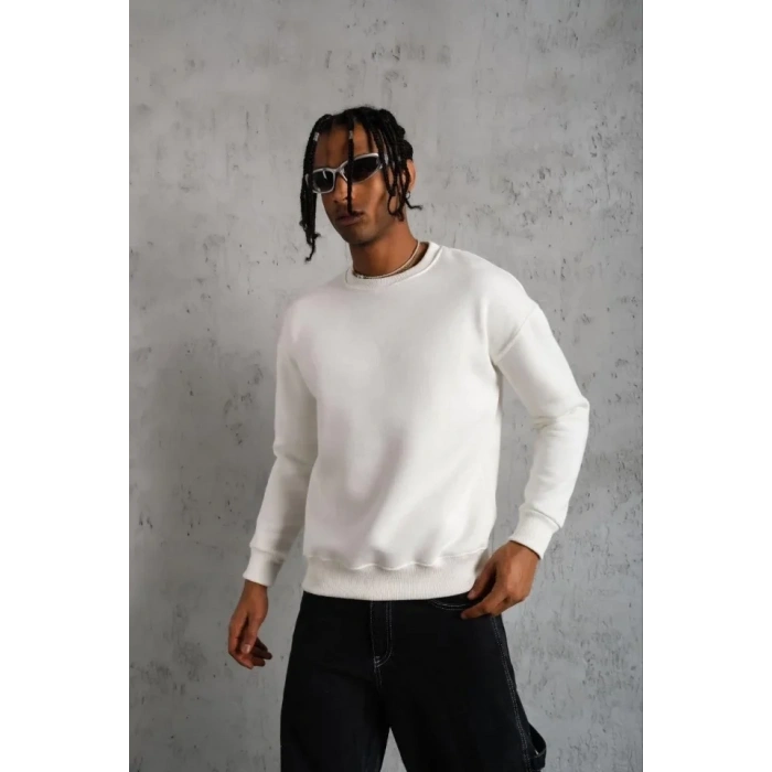 Erkek Düz Bisiklet Yaka Sweat - Beyaz