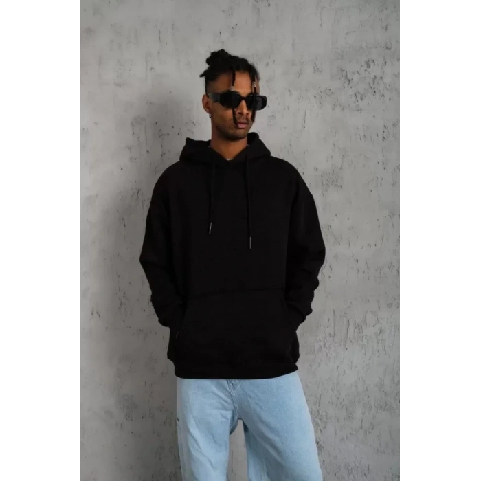Erkek Düz Kapüşonlu Sweat - Siyah