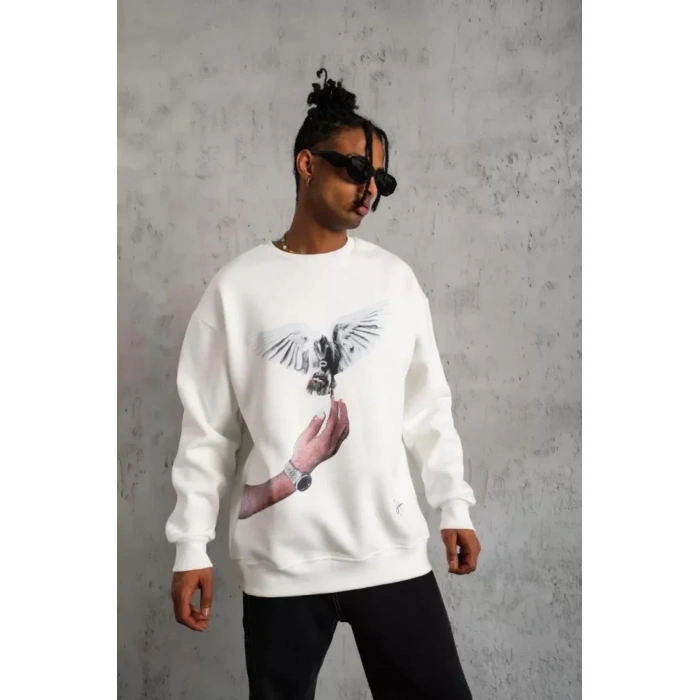 Erkek Güvercin Baskılı Sweatshirt - Beyaz