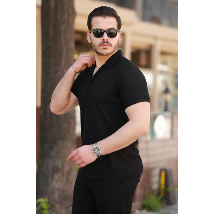 Erkek Ottoman Kumaş Apaj Yaka Kısa Kollu Gömlek