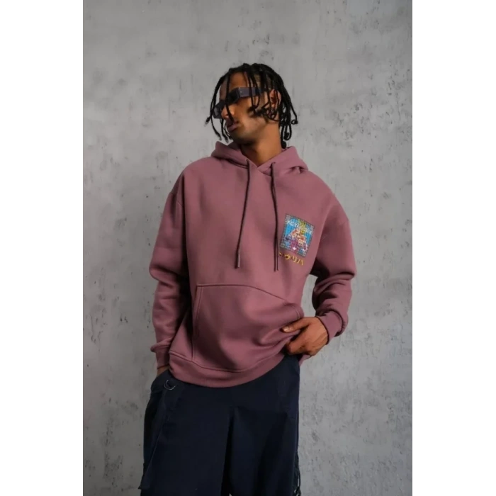 Erkek Patel Six Baskılı Kapüşonlu Sweat - Gül Kurusu
