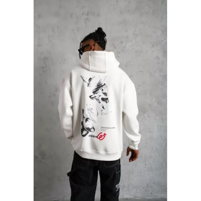 Erkek Şapkalı Güvercin Baskılı Kapşonlu Sweat - Beyaz