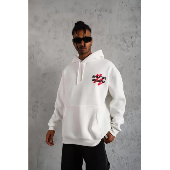 Erkek Şapkalı Güvercin Baskılı Kapşonlu Sweat - Beyaz