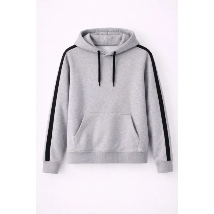 Erkek Şeritli Kapüşonlu Sweatshirt Oversize 3 Iplik Pamuklu - Gri