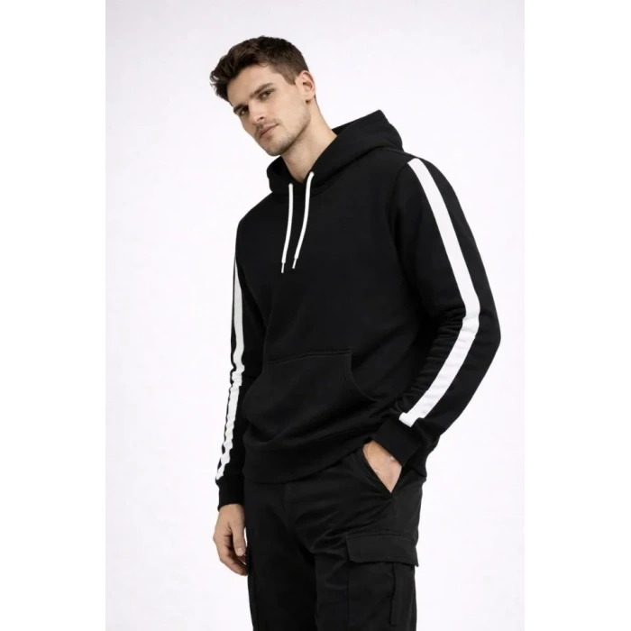 Erkek Şeritli Kapüşonlu Sweatshirt Oversize 3 Iplik Pamuklu - Siyah