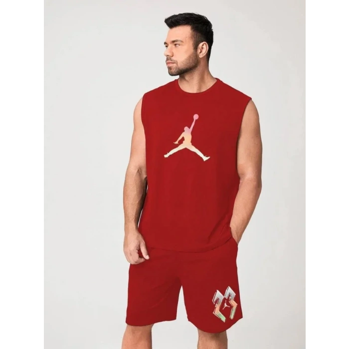 Erkek Sırt Baskılı Sıfır Kol İkili Şort Takım - Kırmızı