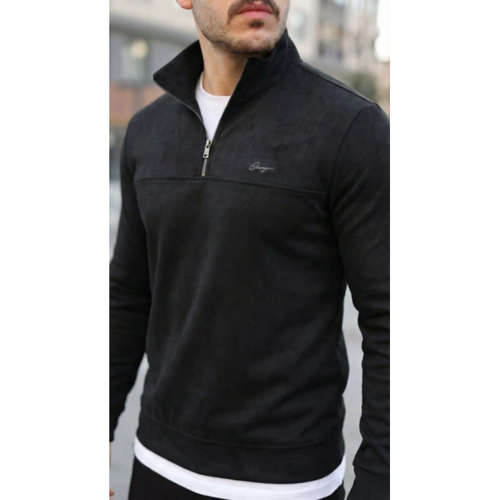 Erkek Süet Yarım Fermuar Dik Yaka Sweat