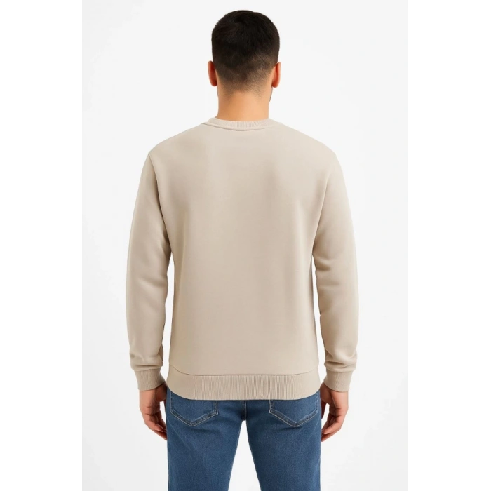 Erkek Üç İplik Düz Bisiklet Yaka SweatShirt - Bej