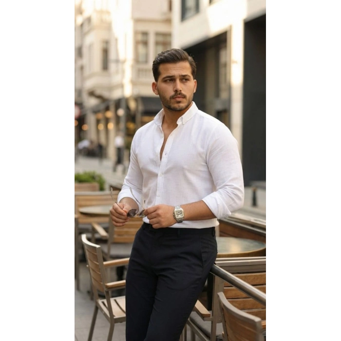 Erkek Uzun Kollu Rahat Keten Gömlek