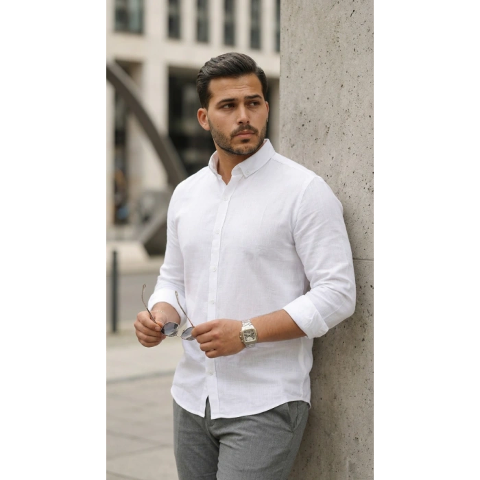 Erkek Uzun Kollu Rahat Keten Gömlek