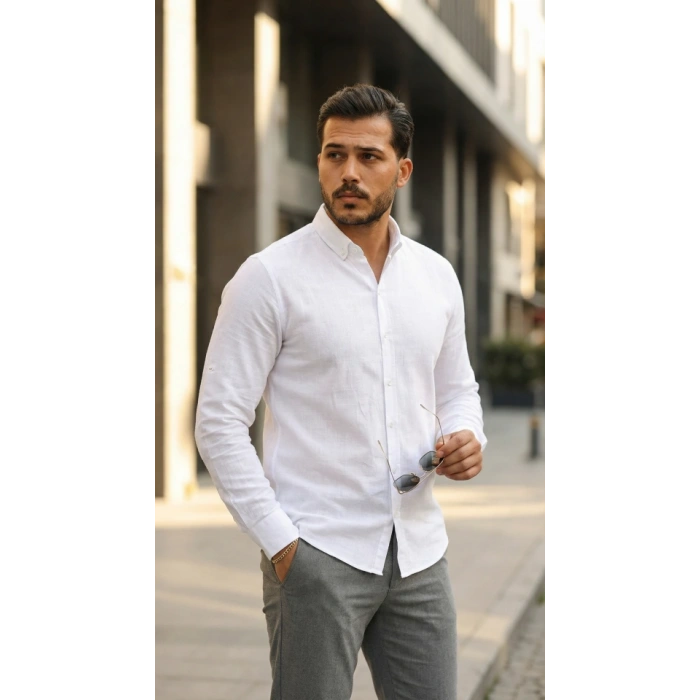 Erkek Uzun Kollu Rahat Keten Gömlek