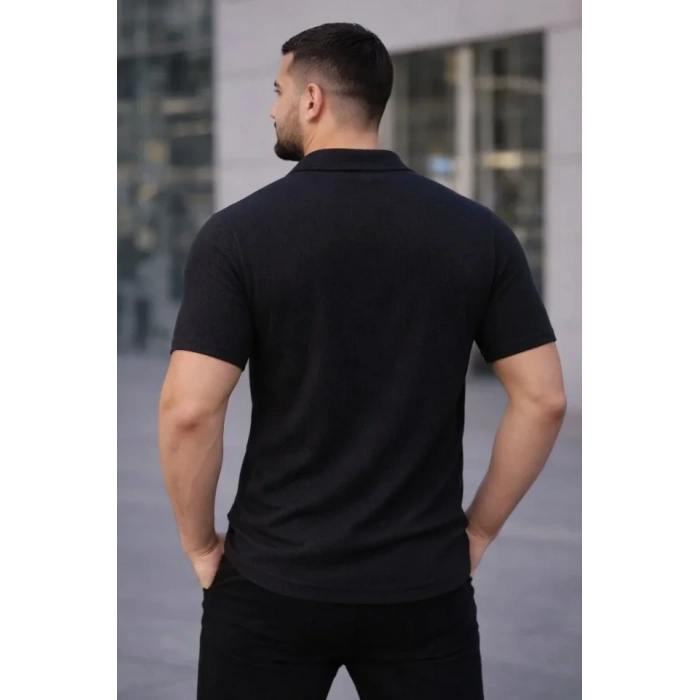 Erkek Waffle Kumaş Kısa Kollu Düğmeli Açık Yaka Regular Fit Gömlek - Siyah