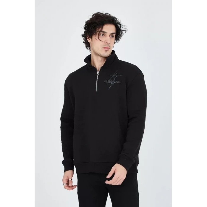 Erkek Yarım Fermuarlı Baskılı Sweat - Siyah