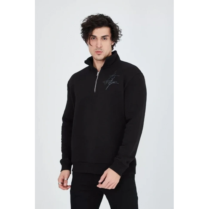 Erkek Yarım Fermuarlı Baskılı Sweat - Siyah