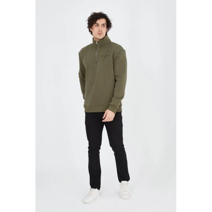 Erkek Yarım Fermuarlı Baskılı Sweat - Yeşil