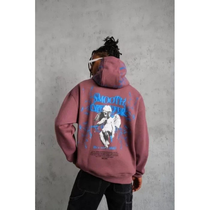 Erkek Yıldırım Baskılı Kapşonlu Sweat - Gül Kurusu