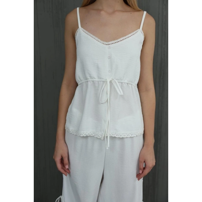 Fiyonklu Bluz Takım - Beyaz