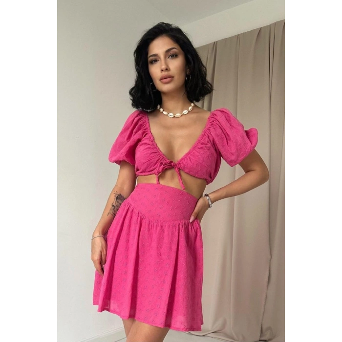 Fuşya Brode Crop Ve Mini Etek Takım