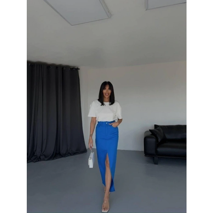 GABARDİN UZUN ÖNDEN YIRTMAÇLI ETEK - Saks