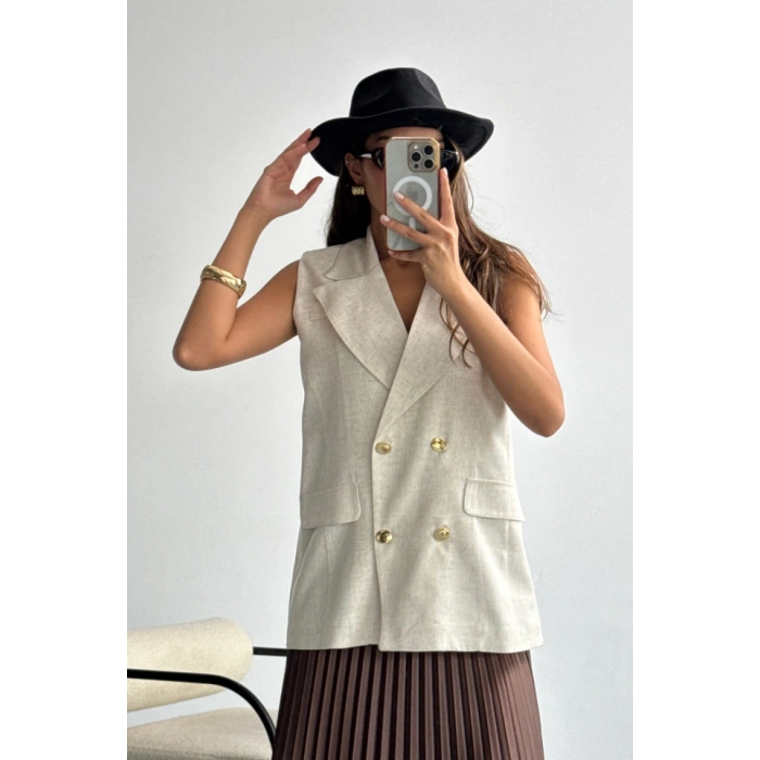 GOLD DÜĞMELİ KETEN YELEK - Ham