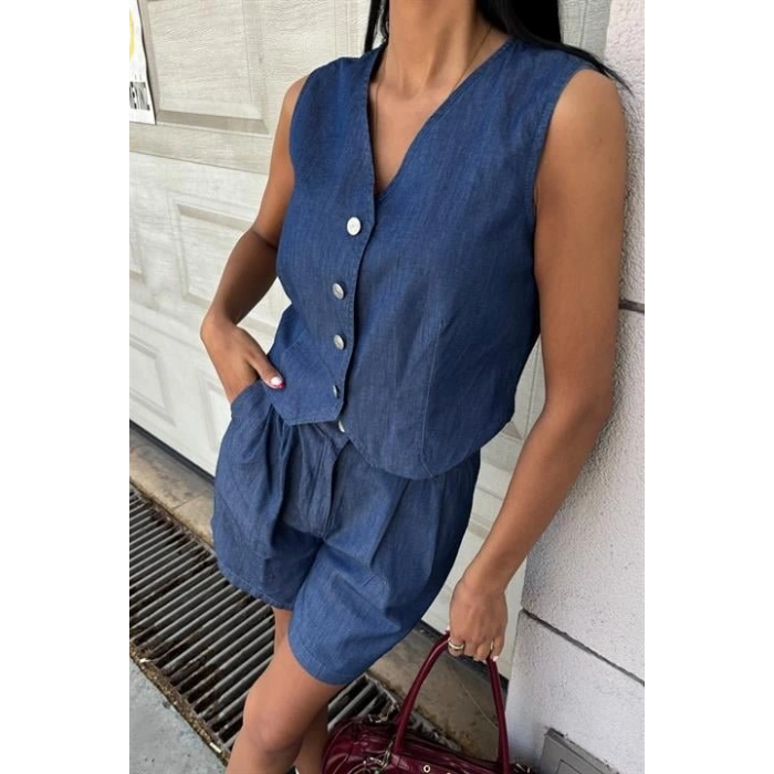 Gümüş Düğmeli Yelek Ve Şort Tensel Takım 10174