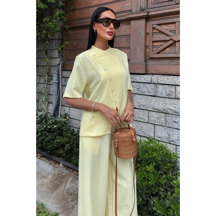 Hakim Yaka Çapraz Düğmeli Plazzo Pantolon Viscon Keten Takım 10209