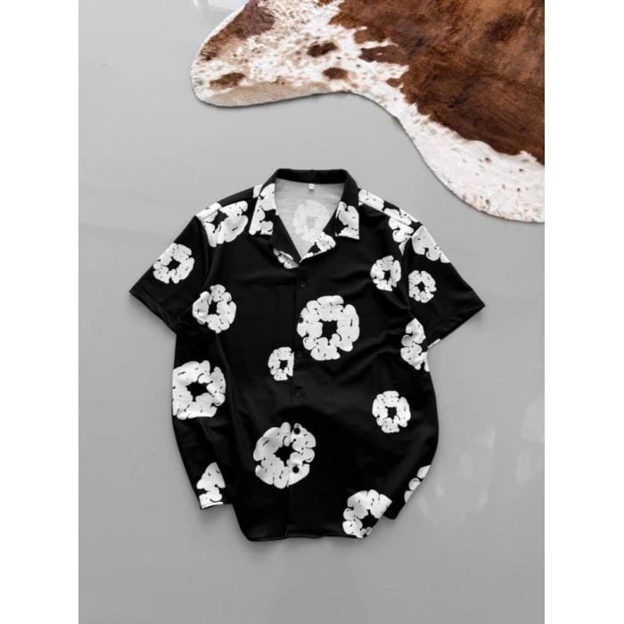 İki İplik Kumaş Baskılı Gömlek - Siyah