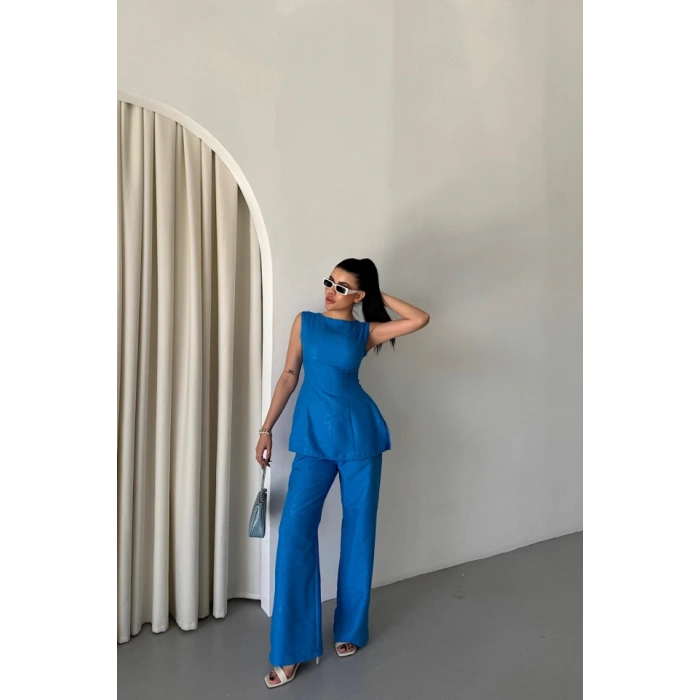 JAKAR KETEN KOLSUZ BLUZ-PANTOLON TK - Mavi