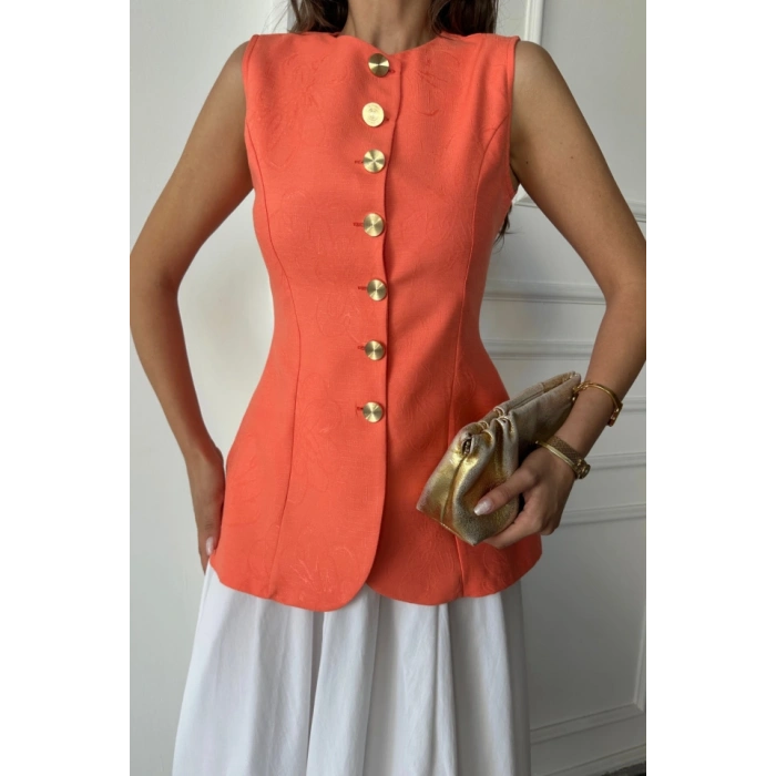 JAKAR KETEN YELEK BELDEN OTURTMALI GOLD DÜĞMELİ - Orange