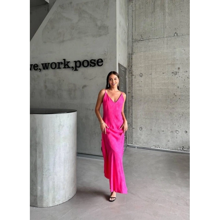 JAKARLI ASKILI SATEN ELBİSE ASİMETRİK - Pembe