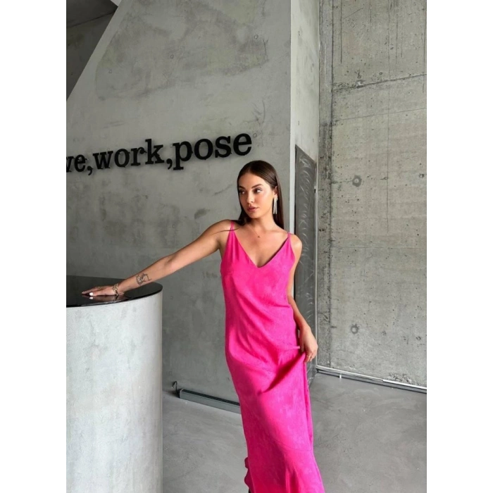 JAKARLI ASKILI SATEN ELBİSE ASİMETRİK - Pembe