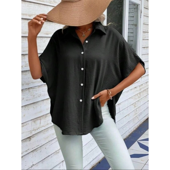 Kadın Aerobin Kumaş Oversize Kısa Kollu Gömlek