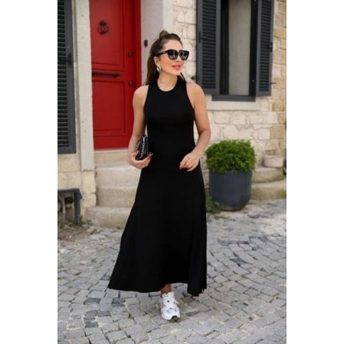 Kadın Arkadan çapraz Detay Yuvarlak Yaka Maksi Viskon Elbise