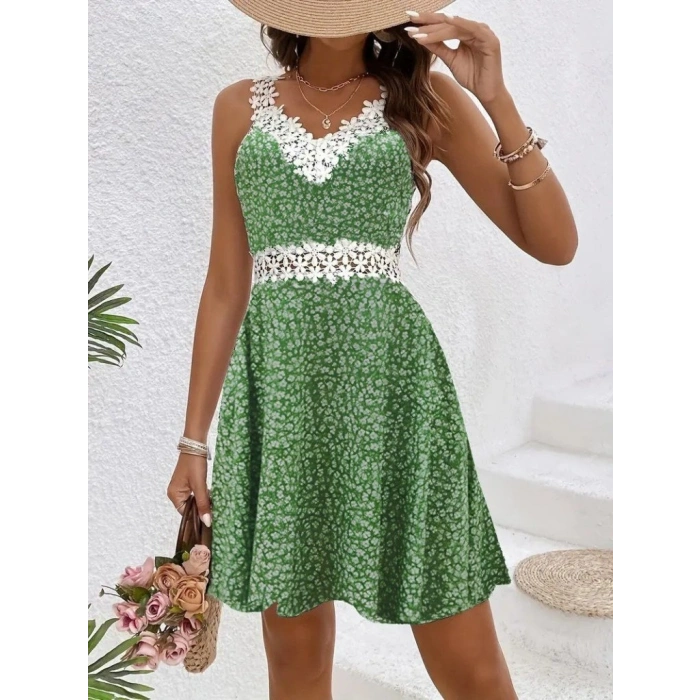 Kadın Askılı Dantel Yakalı çiçek Desenli Süprem Elbise