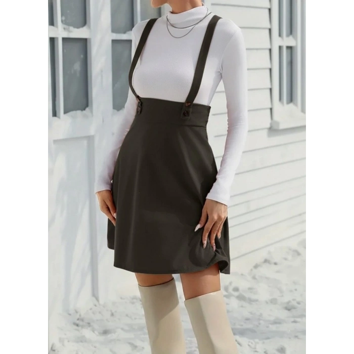 Kadın Askılı Düğmeli Mini Süet Elbise