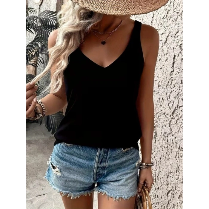 Kadın Askılı Geniş V Yakalı Viskon Bluz