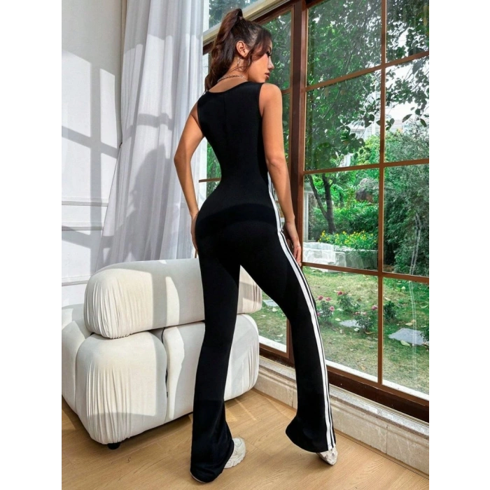 Kadın Askılı Kare Yakalı Yandan şeritli Uzun Dalgıç Tulum