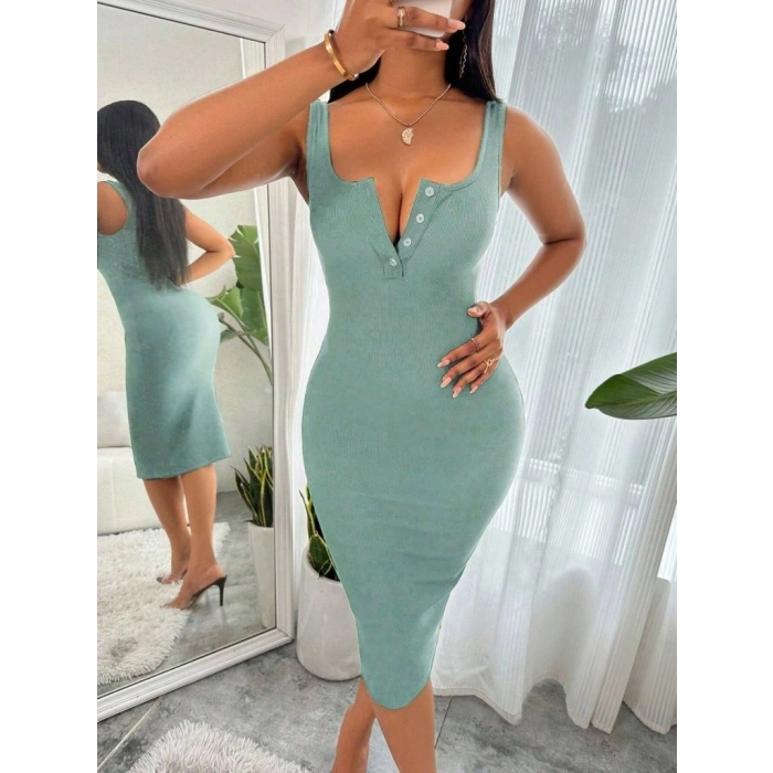 Kadın Askılı önü Düğmeli Midi Kaşkorse Elbise