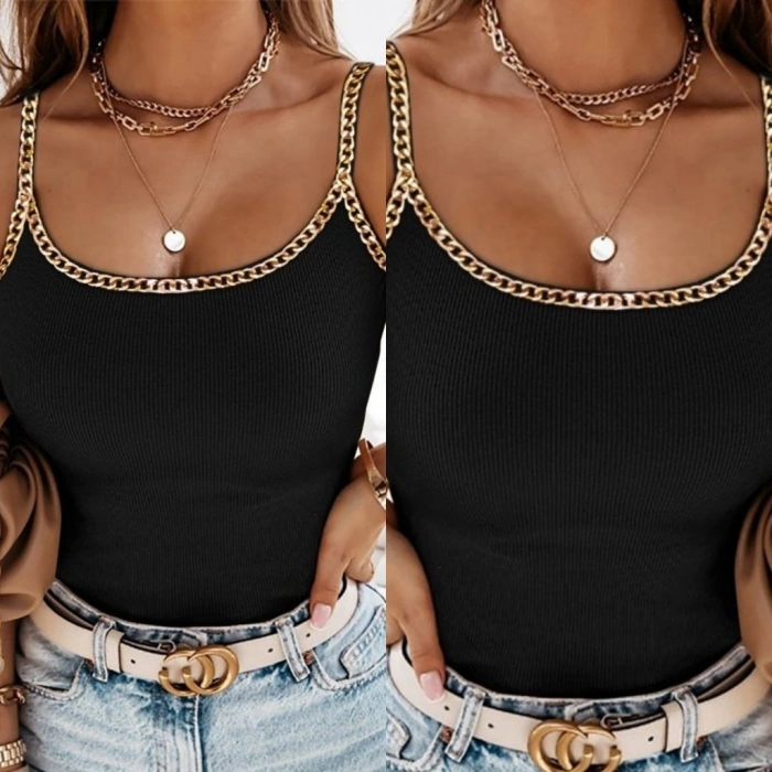 Kadın Askılı U Yaka Zincir şeritli Kaşkorse Bluz