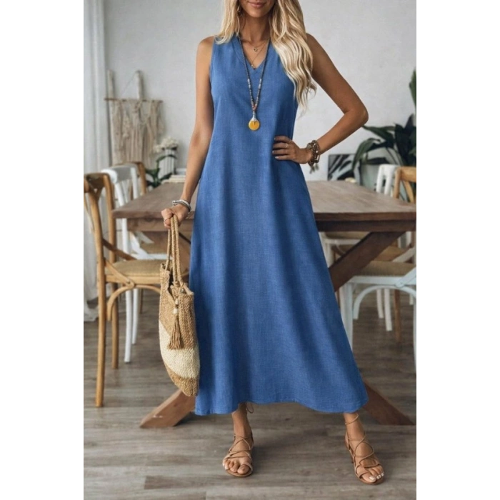 Kadın Askılı V Yakalı Uzun Elbise