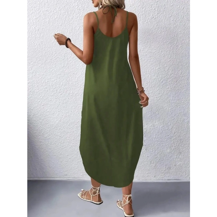 Kadın Askılı V Yakalı Uzun Viskon Elbise